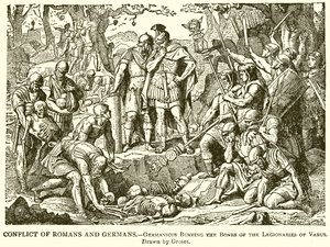 Konflikt zwischen Römern und Germanen.--Germanicus begräbt die Knochen der Legionäre des Varus von English School