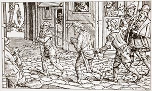 Zeitgenössischer Holzschnitt, der einen Vagabunden zeigt, der durch die Straßen einer Stadt gepeitscht wird von English School