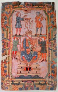David spielt seine Harfe, aus dem Tiberius-Psalter, Winchester, ca. 1050 von English School