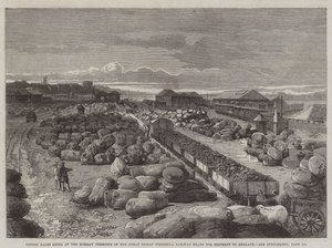 Baumwollballen am Bombay-Terminus der Great Indian Peninsula Railway, bereit für den Versand nach England von English School
