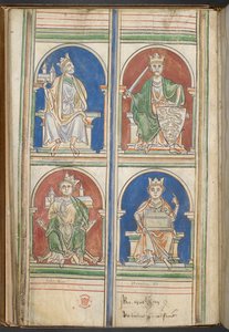 Cotton Claudius D VI f.9v Vier Könige von England: Heinrich II., Richard I., Johann und Heinrich III. aus Die Könige von England von Brutus bis Heinrich III., von Matthew Paris, ca. 1250-59 von English School