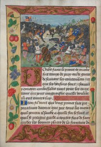 Der König von England auf einem weißen Pferd, der den fliehenden König von Frankreich jagt, aus Robert de Balsacs Handbuch über Kriegsführung zur Unterweisung eines Prinzen, ca. 1490er (Pergament)