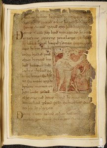 Ein Panotii, d.h. ein Mann mit Ohren, die auf Stielen herausragen, hält einen Gegenstand, der wie ein Bogen aussieht, Illustration aus Beowulf, aus dem 