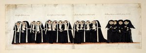 Gräfinnen-Assistentinnen; Gräfinnen und Viscountessen; die Töchter von Earls und Baronessen; Ehrendamen und der Privy Chamber. Teil des Trauerzugs von Königin Elisabeth I. zur Westminster Abbey, 28. April 1603