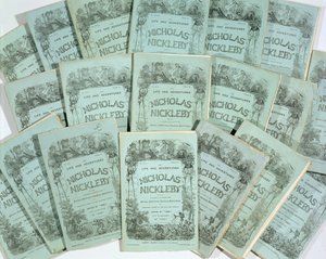 Umschläge der monatlichen Ausgaben von The Life and Adventures of Nicholas Nickleby von Charles Dickens, veröffentlicht 1839