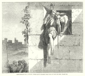 David entkommt durch ein Fenster, während Sauls Soldaten auf ihn lauern, Psalm LIX (Gravur) von English School