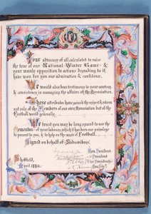 Widmung aus einer Ansprache, die von der Sheffield Football Association an William Pierce-Dix anlässlich seines Ruhestands als Sekretär überreicht wurde, 1882 (Tinte auf Papier)