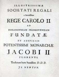 Widmung an die Royal Society der Erstausgabe von Newtons Philosophiae Naturalis Principia Mathematica, 1687 von English School