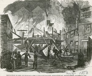 Zerstörung durch Feuer der Pianofortefabrik von Kirkman, Dufours Place, Broad Street, Golden Square von English School