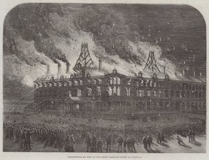 Zerstörung durch Feuer im Queen Railway Hotel in Chester (Stich) von English School