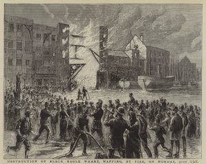 Zerstörung des Black Eagle Wharf, Wapping, durch Feuer am Montag, den 31. ult von English School