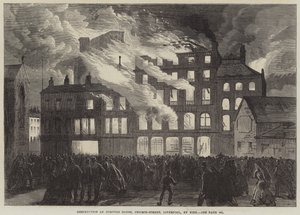 Zerstörung des Compton House, Church-Street, Liverpool, durch Feuer (Stich)