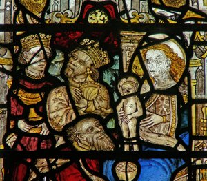 Detail eines Fensters, das die Anbetung der Heiligen Drei Könige darstellt (Detail)