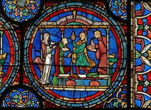 Detail des Wunderfensters, das Audrey von Canterbury zeigt, wie sie Heilwasser nimmt (Detail)