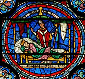Detail des Wunderfensters, das zeigt, wie König Ludwig VII. von Thomas aufgefordert wird, zu seinem Grab zu gehen (Detail)