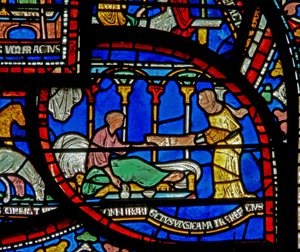 Detail aus dem Wunderfenster, das die Geschichte von Richard Sunieve darstellt von English School