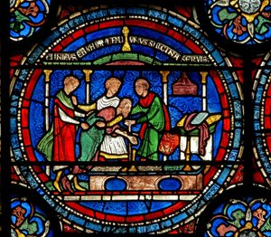 Detail des Wunderfensters, das Robert von Cricklade am Grab zeigt (Detail) von English School