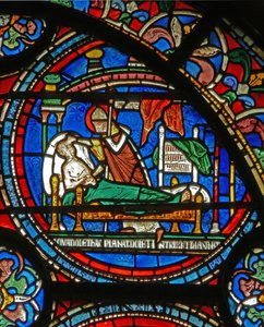Detail des Wunderfensters, das St. Thomas zeigt, wie er einen kranken Mann im Schlaf besucht (Detail)