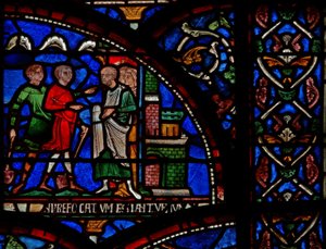 Detail aus dem Wunderfenster mit einer Szene aus der Rettung von William von Gloucester