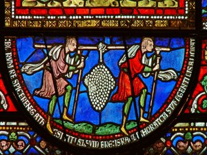 Detail aus dem Ostfenster der Dreifaltigkeitskapelle mit den Spionen und den Trauben