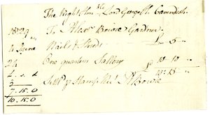Devonshire MSS AS 3101, Folio aus einem Bündel von Rechnungen, beglichen von Pinder Simpson für Lord George Cavendish, einschließlich Alexander Bowies Rechnung von English School