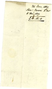 Devonshire MSS AS 3101, Folio aus einem Bündel von Rechnungen, beglichen von Pinder Simpson für Lord George Cavendish, einschließlich der Rechnung von Alexander Bowie