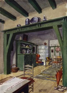 Ess- und Wohnzimmer in einem Landhaus (Farblithographie)