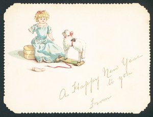 Puppe mit gebrochenem Arm, Neujahrskarte