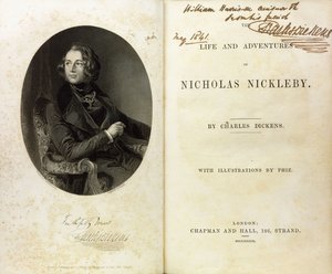 Doppelseite mit einem Porträt von Dickens und einer Widmung von Dickens an William Harrison Ainsworth von English School