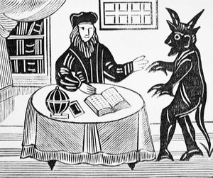 Dr. Faustus im Rat mit dem Teufel, aus Gents Übersetzung von Dr. Faustus von Christopher Marlowe (1564-93) 1648 aus einer Sammlung von Chapbooks über Esoterik von English School