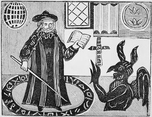 Dr. Faustus in einem magischen Kreis, Frontispiz der Übersetzung von Dr. Faustus von Gent, veröffentlicht 1648 von English School