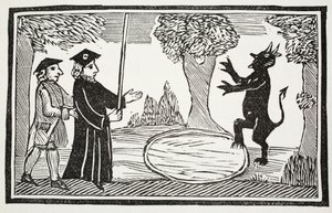 Dr. Faustus beschwört den Teufel, Illustration aus Chap-books of the Eighteenth Century von John Ashton, veröffentlicht 1882 von English School