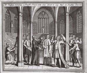 Dr. Taylor tadelt einen papistischen Priester, der im Begriff war, in der Hadley-Kirche die Messe zu lesen, Illustration aus Foxes Märtyrer, ca. 1703