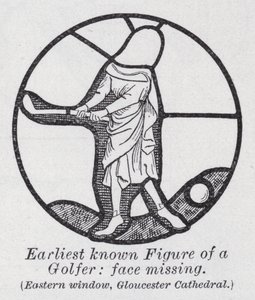Früheste bekannte Figur eines Golfspielers, Gesicht fehlt, Ostfenster, Gloucester Cathedral von English School