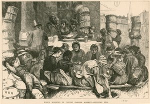 Früher Morgen im Covent Garden Market, London: Erbsen schälen von English School
