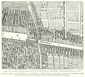 Ostende der High Street, Nether Bow, und Westende der Canongate (Stich) von English School
