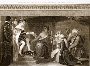 Edward VI gewährt die Charta für Krankenhäuser, Illustration aus David Humes The History of England, veröffentlicht von R. Bowyer, London, 1812 von English School
