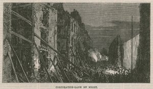 Folgen der Explosion in Clerkenwell: Corporation Lane bei Nacht