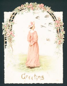 Elegante Dame steht unter Torbogen, Weihnachtskarte