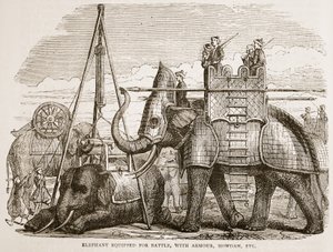 Kampfelefant mit Rüstung und Howdah, Illustration aus Cassells Illustrierter Geschichte Indiens von James Grant, veröffentlicht 1879 von English School