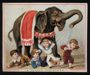 Elefant bespritzt spielerisch Kinder mit Wasser, Weihnachtskarte