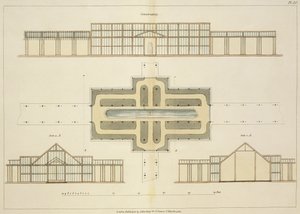 Ansichten und Grundriss eines Gewächshauses, aus Hints on the Formation of Gardens and Pleasure Grounds von John Claudius Loudon (1783-1843) veröffentlicht 1812 von English School