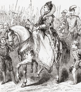Elisabeth I inspiziert ihre Truppen im Hafen von Tilbury, 1588, aus Ward und Locks Illustrierter Geschichte der Welt, ca. 1882