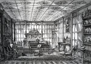 Elisabethanisches Esszimmer, veröffentlicht in The House-Furnisher & Decorator, 1. Oktober 1872 von English School