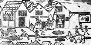 Elisabethanische Straßenszene, aus A Book of Roxburghe Ballads von English School