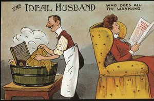 Englische Karikatur (idealer Ehemann): der ideale Ehemann (der die ganze Wäsche macht)