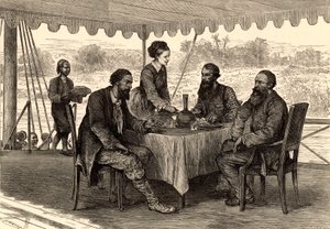 Englische Entdecker John Hanning Speke und James Augustus Grant in Gondokoro, Südsudan, am Ende ihrer Expedition, wo sie von Samuel und Florence Baker getroffen wurden (Gravur)