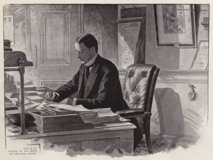 Der englische Politiker George Curzon bei der Arbeit in seinem Büro im India Office von English School