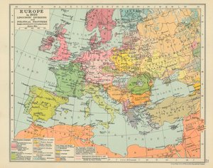 Europa im Jahr 1928 Sprachliche und politische Grenzen (Farblithografie) von English School