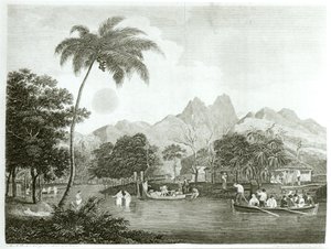 Europäische Missionare in einem tahitianischen Dorf, aus A Missionary Voyage to the Southern Pacific Ocean Performed in the Years 1796-98 in the Ship Duff, veröffentlicht 1799